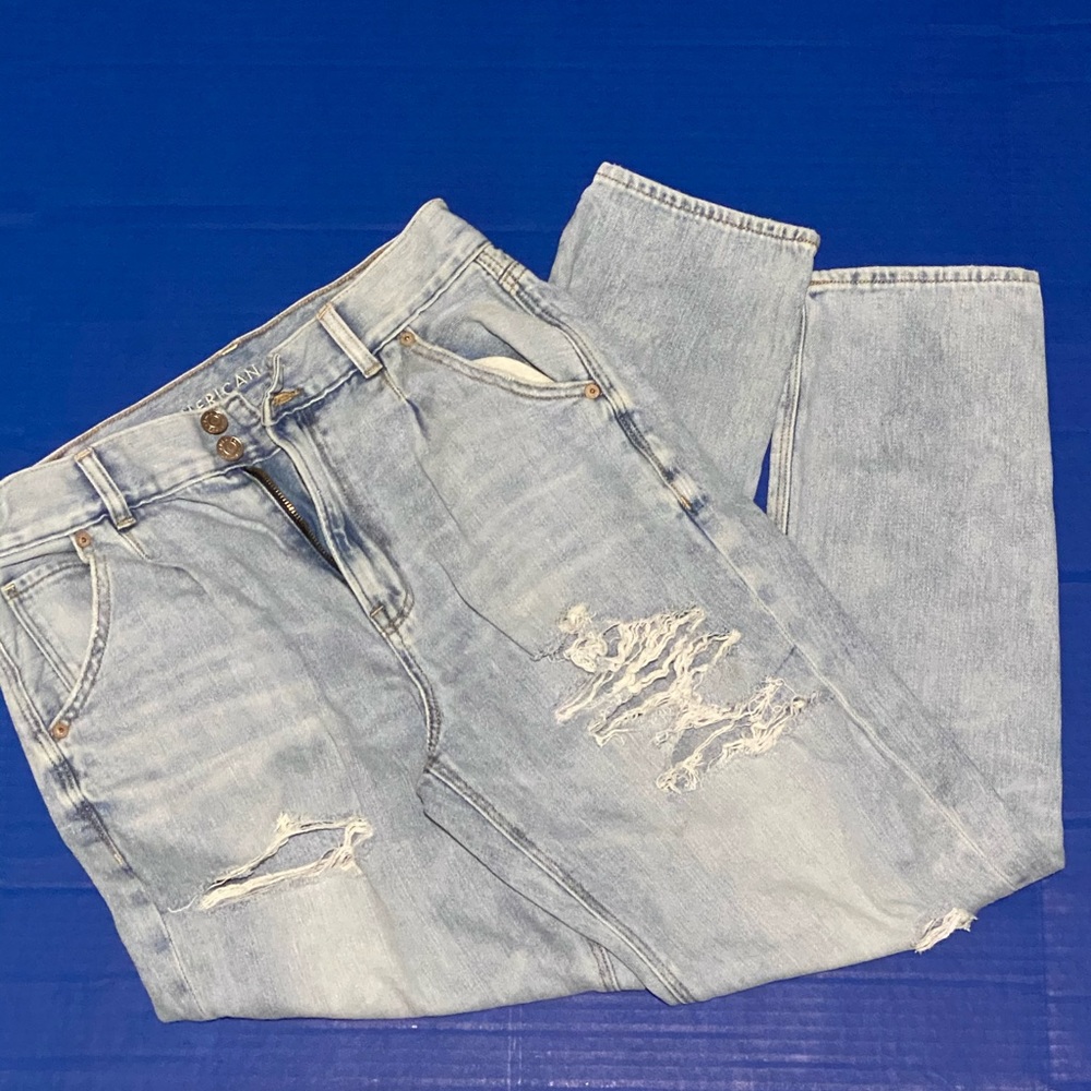 Distressed light wash mom jeans